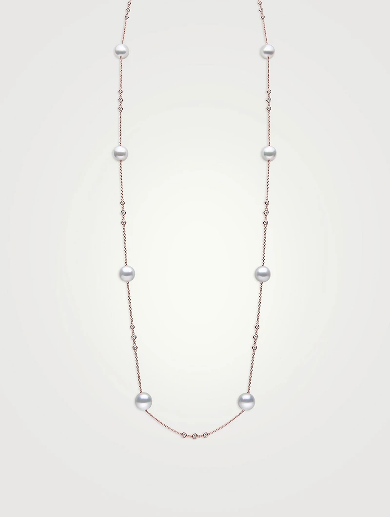 18K Rose Gold Akoya Pearl Necklace With Diamonds