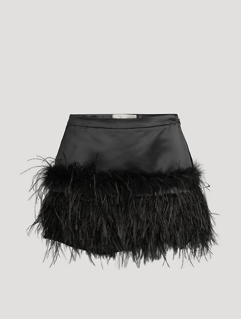 Viviette Feather-Trimmed Satin Mini Skirt