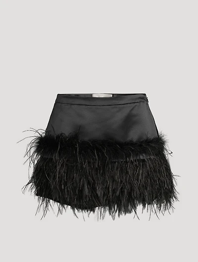 Viviette Feather-Trimmed Satin Mini Skirt