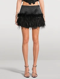 Viviette Feather-Trimmed Satin Mini Skirt