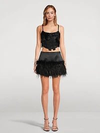 Viviette Feather-Trimmed Satin Mini Skirt