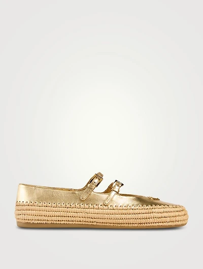 Metallic Leather And Raffia Ballerinas