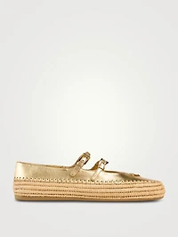 Metallic Leather And Raffia Ballerinas