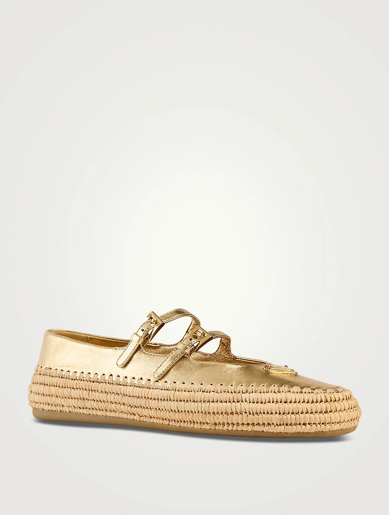 Metallic Leather And Raffia Ballerinas