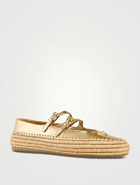 Metallic Leather And Raffia Ballerinas
