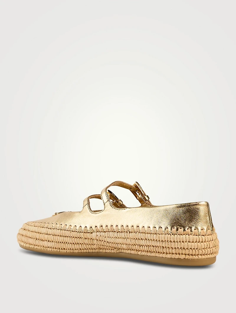 Metallic Leather And Raffia Ballerinas