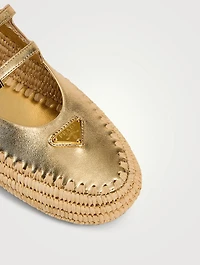 Metallic Leather And Raffia Ballerinas