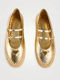 Metallic Leather And Raffia Ballerinas