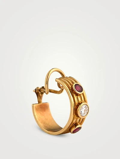 18K Gold Diamond And Ruby Hoop Earrings