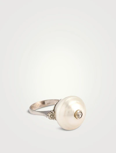 Estate 18K White Gold Diamond And Pearl Cocktail Ring