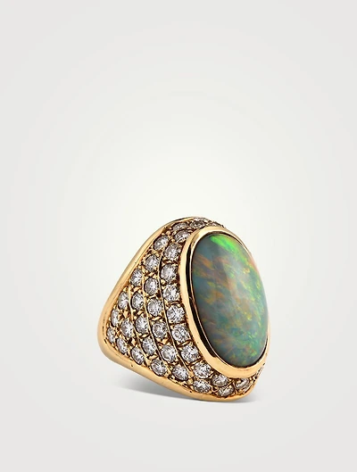 Vintage 14K Gold Black Opal And Diamond Ring