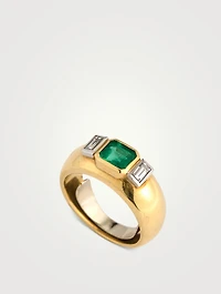 Estate 18K Gold Emerald And Diamond Chubby Band Ring