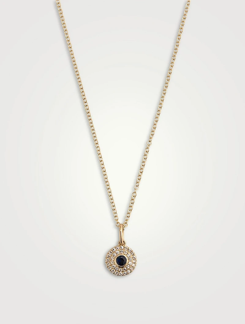 14K Gold Diamond Round Blue Sapphire Necklace