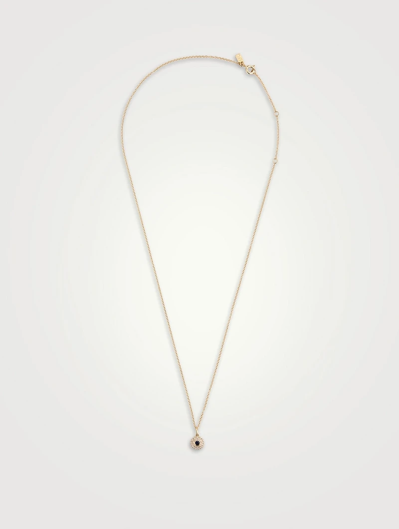14K Gold Diamond Round Blue Sapphire Necklace