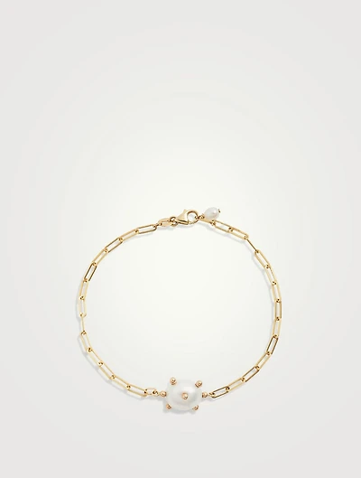 14K Gold Oval Pearl Link Chain Bracelet