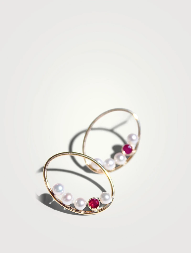 Recycled 14K Gold Oval Nested Pearl And Ruby Earrings