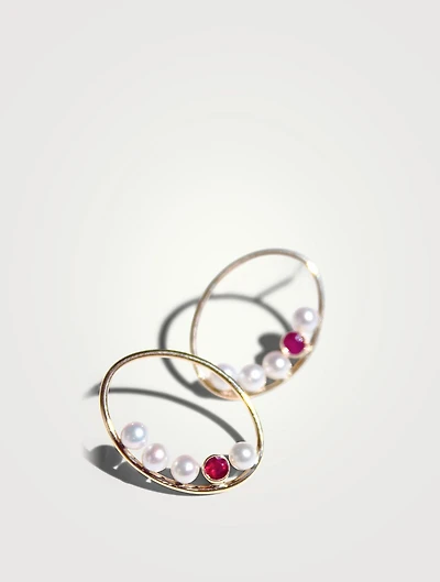 Recycled 14K Gold Oval Nested Pearl And Ruby Earrings