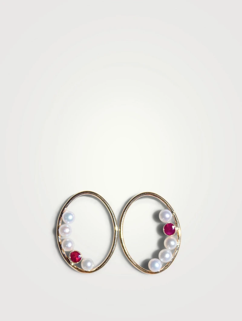 Recycled 14K Gold Oval Nested Pearl And Ruby Earrings