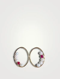 Recycled 14K Gold Oval Nested Pearl And Ruby Earrings