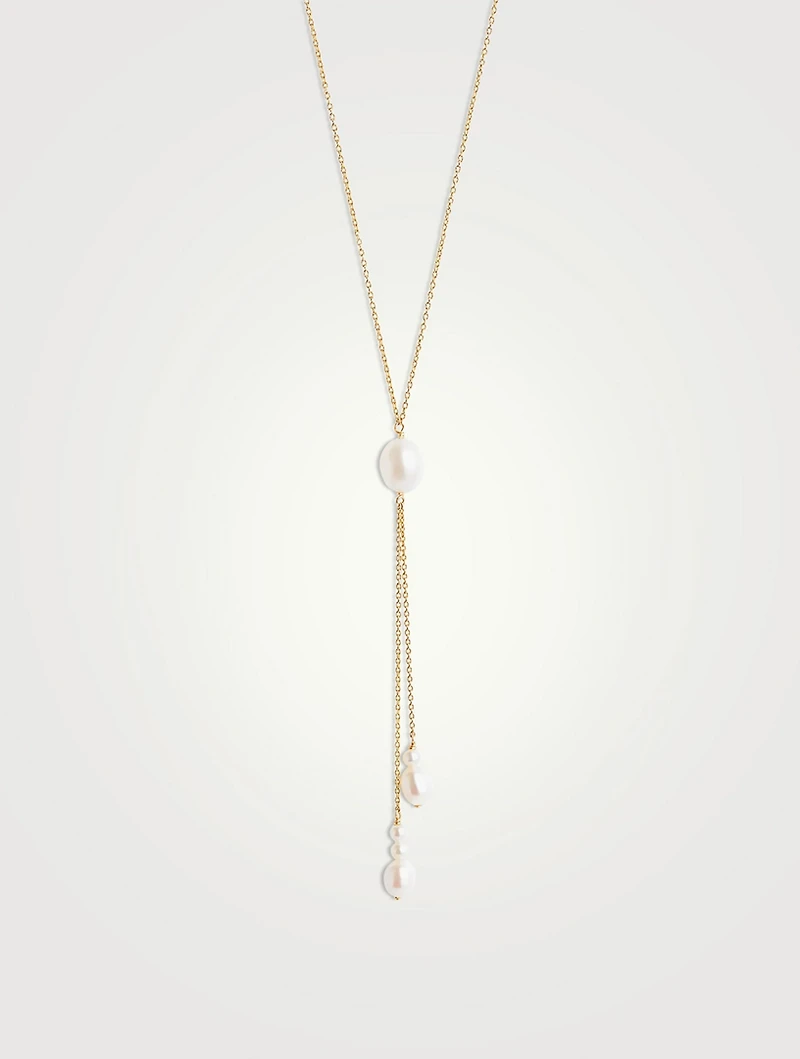 14K Gold Oval Pearl Lariat Necklace