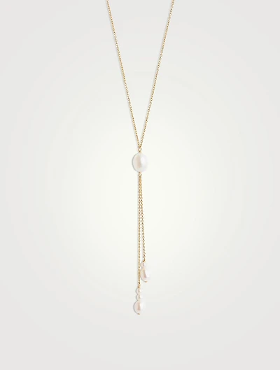 14K Gold Oval Pearl Lariat Necklace