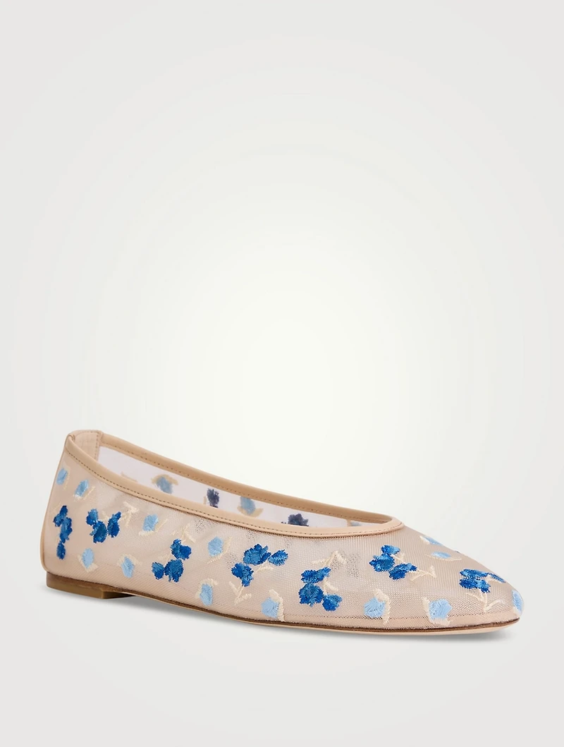 Bareitall Floral-Embroidered Mesh Ballet Flats