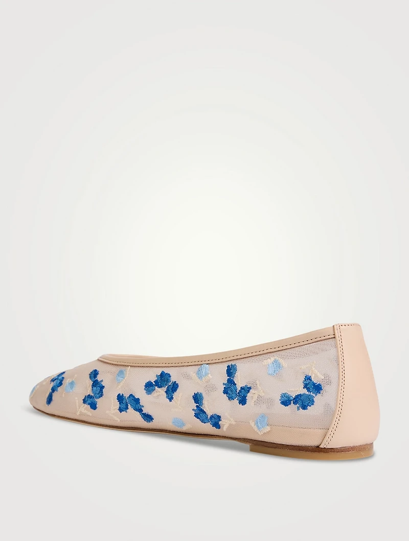 Bareitall Floral-Embroidered Mesh Ballet Flats
