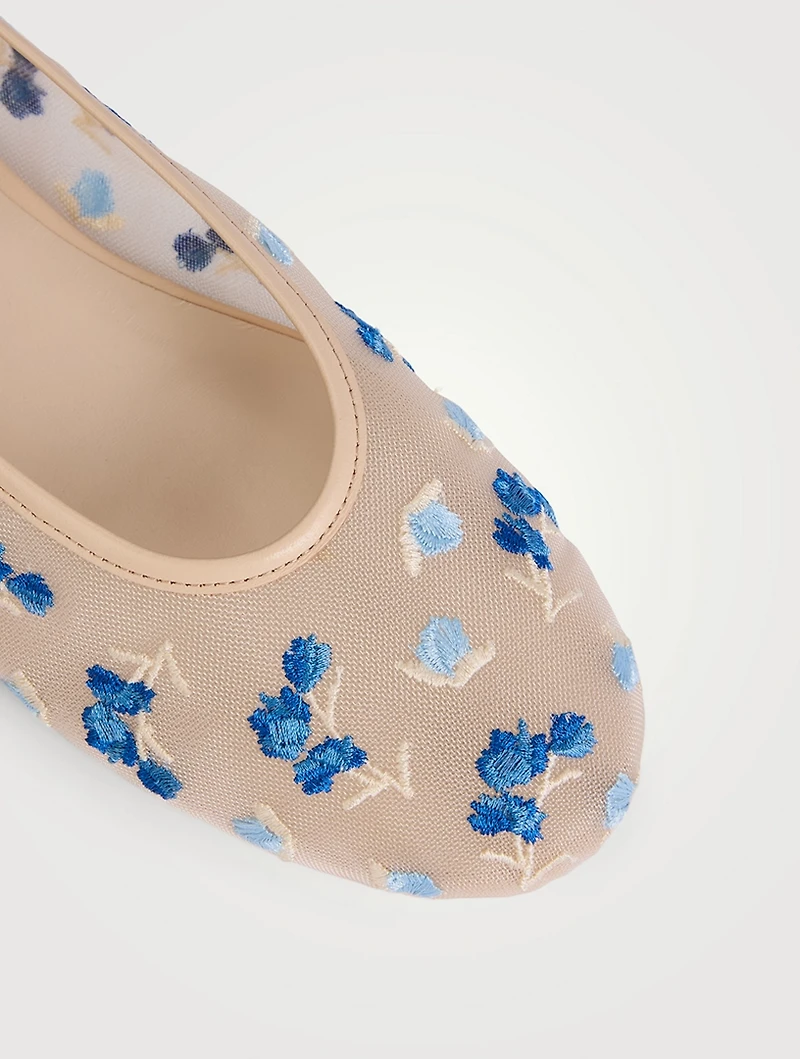 Bareitall Floral-Embroidered Mesh Ballet Flats