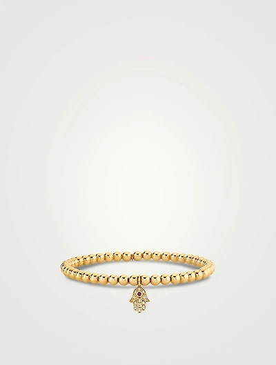 Red Sea Bamboo Beaded Bracelet With 14K Gold Baby Ruby And Diamond Hamsa Charm
