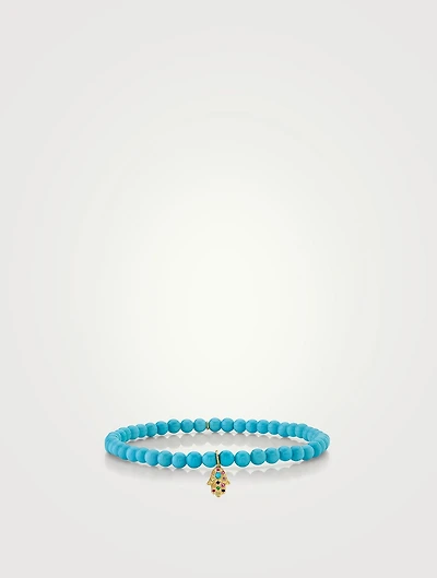 Natural Blue Turquoise Beaded Bracelet With 14K Gold Baby Rainbow Hamsa Charm