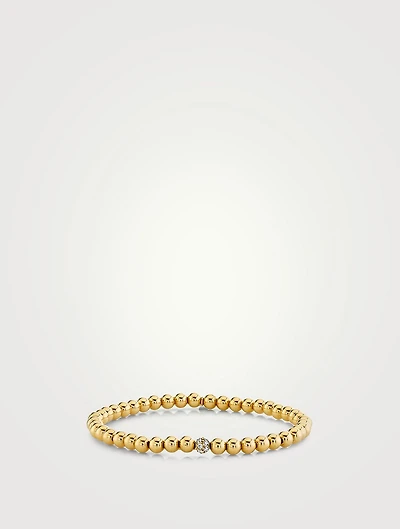14K Gold Beaded Bracelet With Gold Pavé Diamond Ball