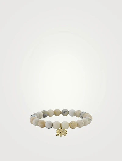 Round African Opal Beaded Bracelet With Small 14K Gold Elephant Charm