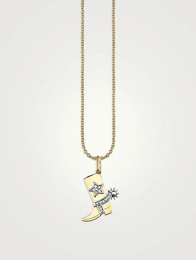 14K Gold Cowboy Boot Charm Necklace With Diamonds