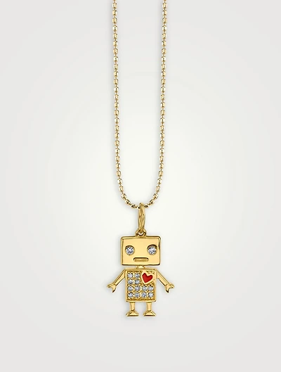 14K Gold Diamond Robot Charm Necklace
