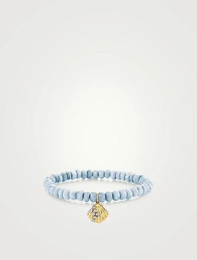 Blue African Opal Beaded Bracelet With Small Gold Clam Shell Charm