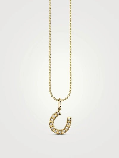 14K Gold Small Bezel Horseshoe Charm Necklace With Diamonds