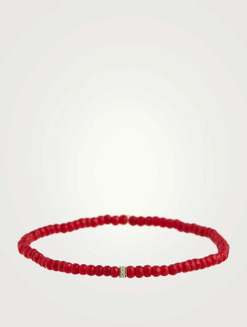 Red Bamboo Coral Beaded Bracelet With Small 14K Gold Pavé Diamond Bead