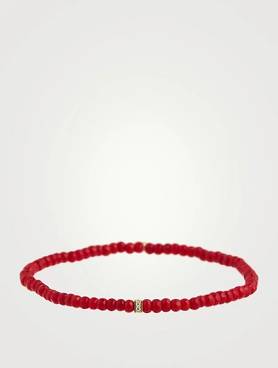 Red Bamboo Coral Beaded Bracelet With Small 14K Gold Pavé Diamond Bead
