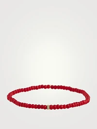 Red Bamboo Coral Beaded Bracelet With Small 14K Gold Pavé Diamond Bead