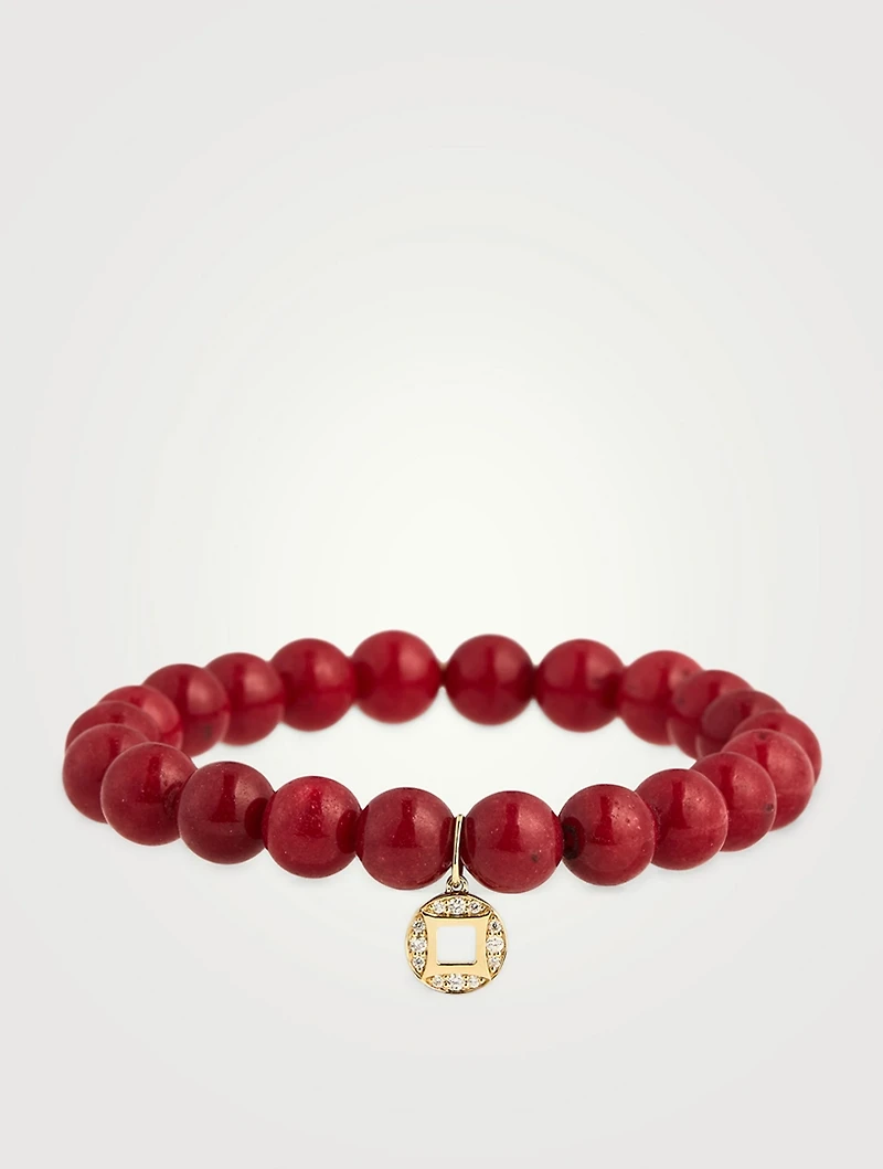 Red Jade Beaded Bracelet With 14K Gold Diamond Lucky Coin Charm