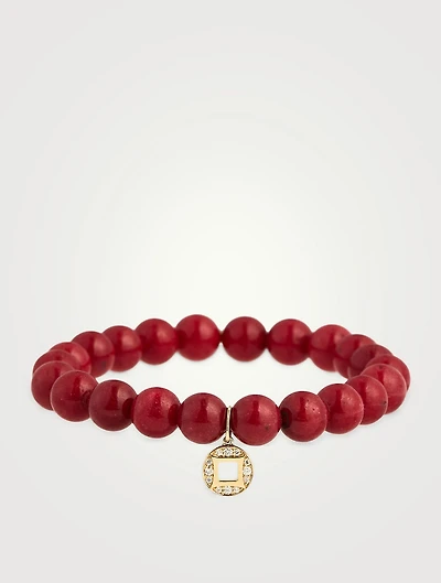 Red Jade Beaded Bracelet With 14K Gold Diamond Lucky Coin Charm