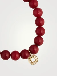 Red Jade Beaded Bracelet With 14K Gold Diamond Lucky Coin Charm