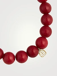 Red Jade Beaded Bracelet With 14K Gold Diamond Lucky Coin Charm