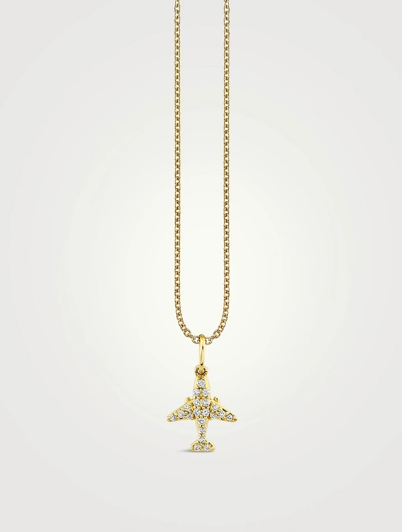 14K Gold Airplane Charm Necklace With Diamonds