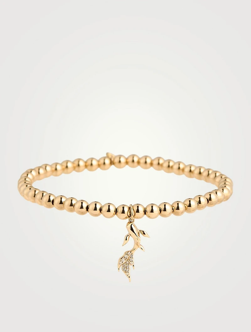 Gold Beaded Bracelet With 14K Gold Diamond Koi Fish Charm