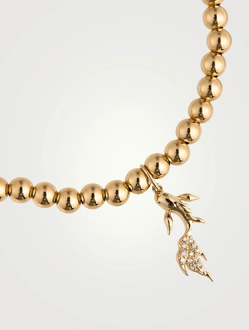 Gold Beaded Bracelet With 14K Gold Diamond Koi Fish Charm