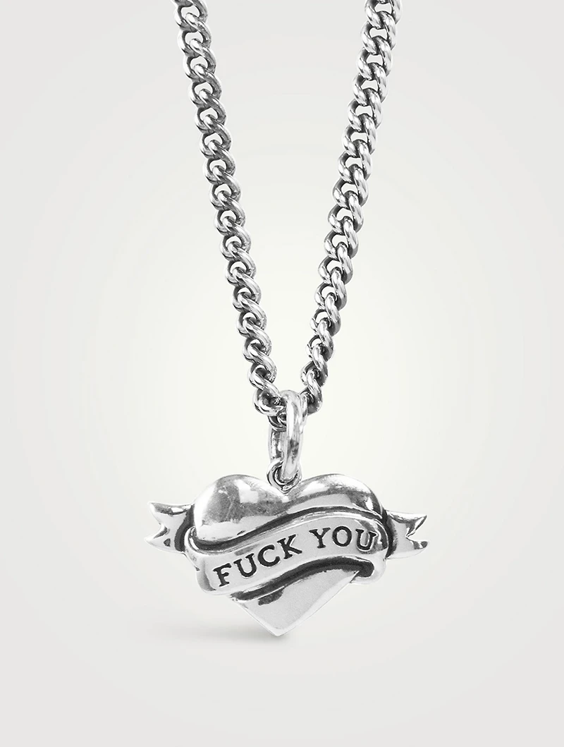 Silver Tattoo F You Heart Pendant Necklace