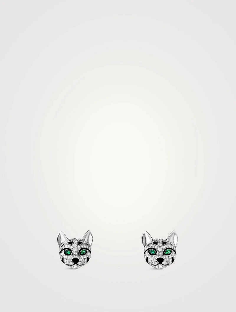 Fuzzy The Leopard Cat White Gold Stud Earrings With Emerald And Diamonds