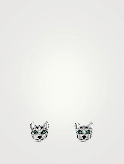 Fuzzy The Leopard Cat White Gold Stud Earrings With Emerald And Diamonds