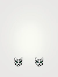 Fuzzy The Leopard Cat White Gold Stud Earrings With Emerald And Diamonds